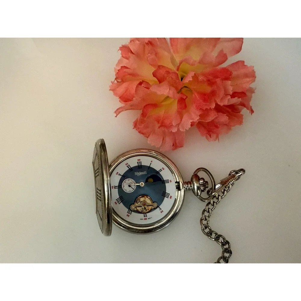 2002 Majesti Pocket‎ Watch with Inscription In Back As is Chain Silver Tone Blue